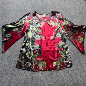 STUNNING Vintage Floral Bell Sleeve Blouse Red Black USA American Med Yvos Asian